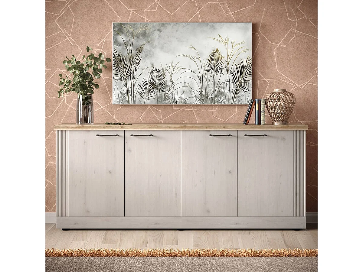 NASHVIL - Buffet 4 Portes Aspect Chêne Blanchi et Chêne clair