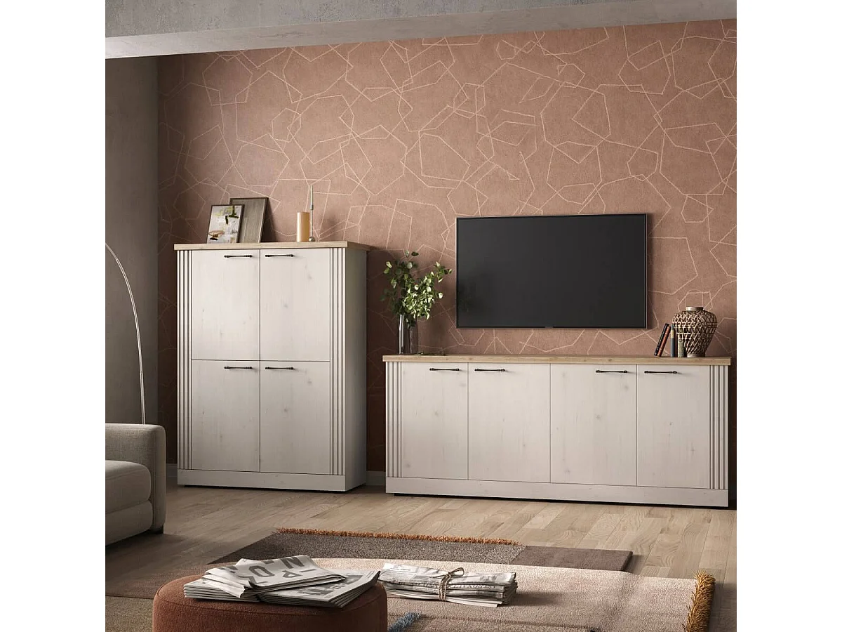 NASHVIL - Buffet 4 Portes Aspect Chêne Blanchi et Chêne clair