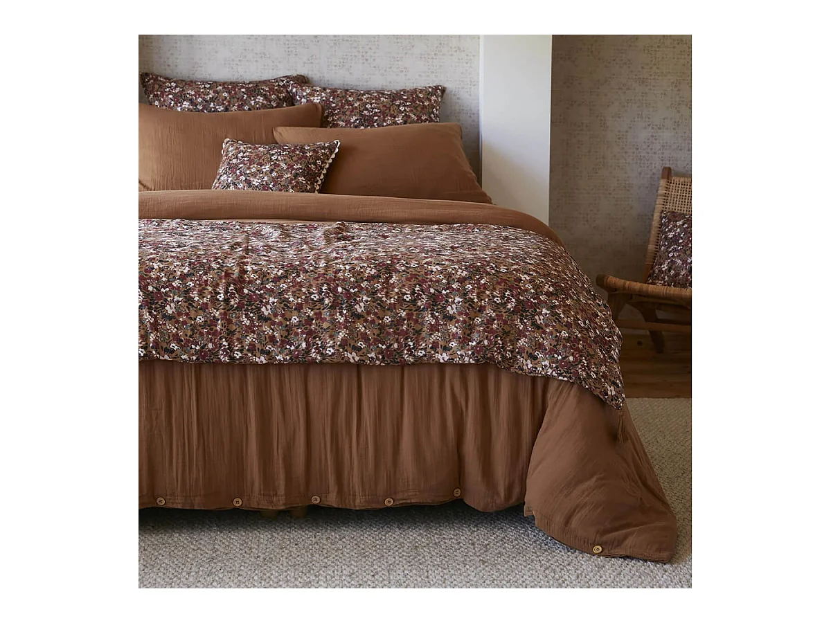 ADONIS - Chemin de Lit  90x200cm Gaze de Coton Brun Imprimé Fleur Détail 4 Pompons