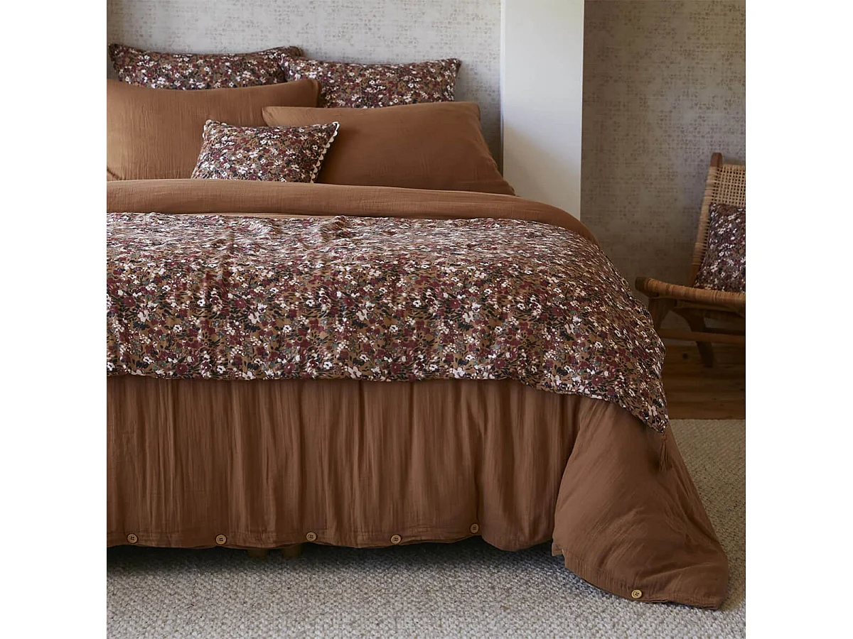 ADONIS - Chemin de Lit  90x200cm Gaze de Coton Brun Imprimé Fleur Détail 4 Pompons