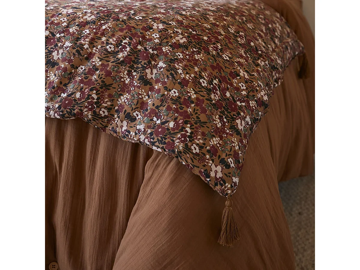 ADONIS - Chemin de Lit  90x200cm Gaze de Coton Brun Imprimé Fleur Détail 4 Pompons