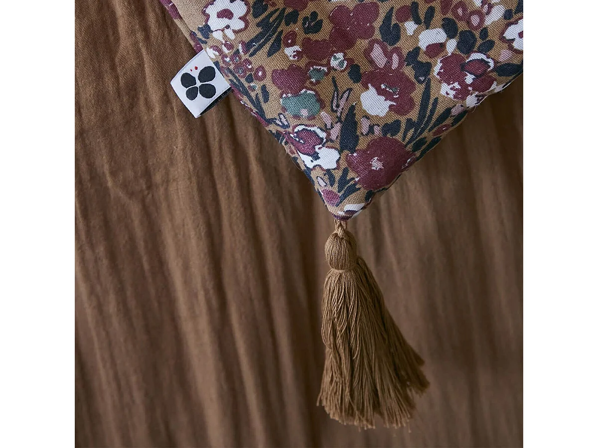 ADONIS - Chemin de Lit  90x200cm Gaze de Coton Brun Imprimé Fleur Détail 4 Pompons