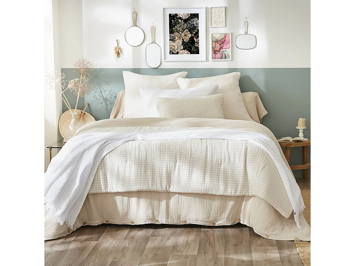 JOEL - Chemin de Lit  90x200cm Gaze de Coton Vichy Coloris Pampa