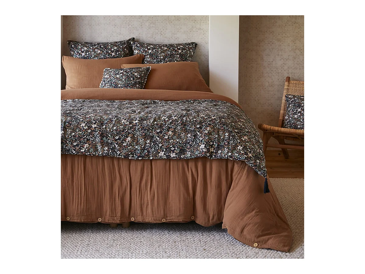 ADONIS - Chemin de Lit  90x200cm Gaze de Coton Bleu Imprimé Fleur Détail 4 Pompons