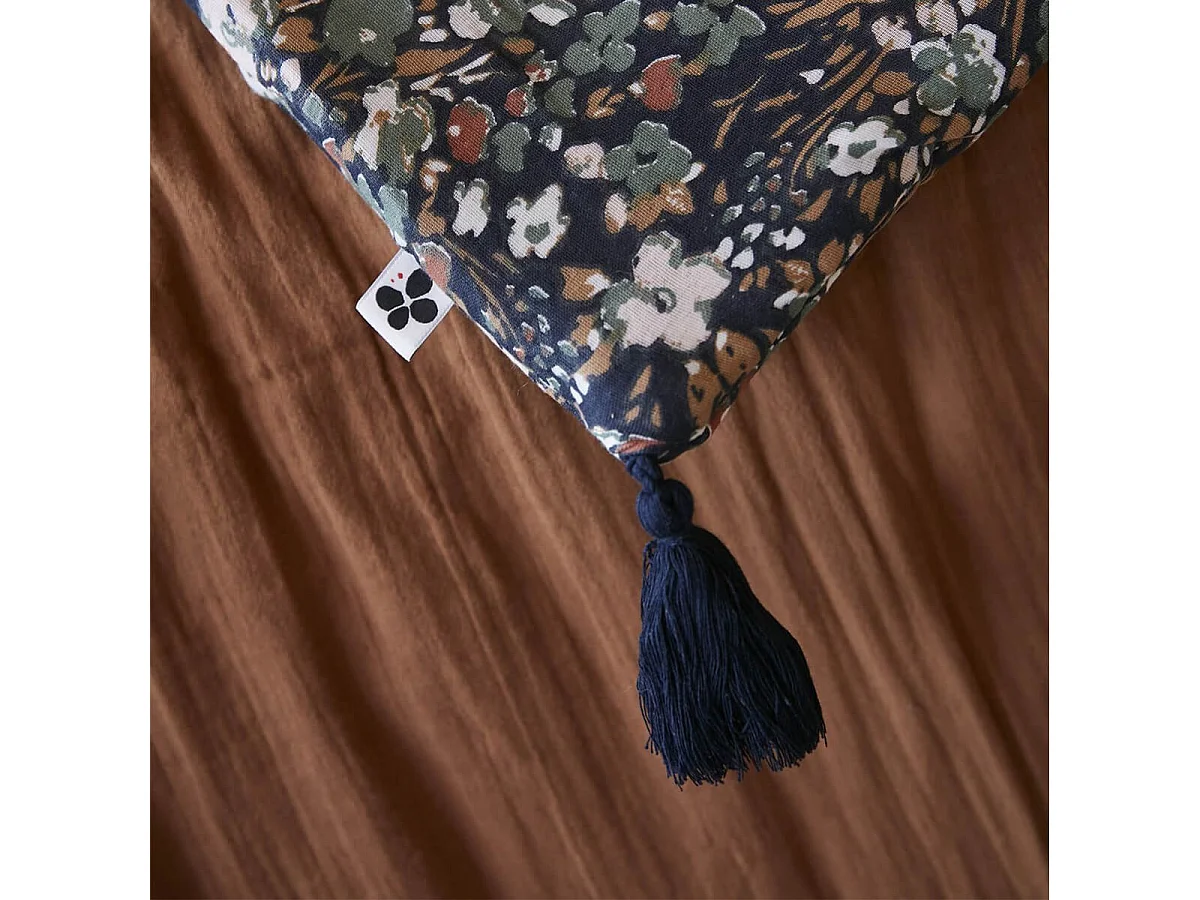 ADONIS - Chemin de Lit  90x200cm Gaze de Coton Bleu Imprimé Fleur Détail 4 Pompons