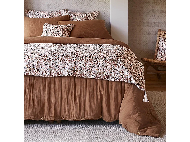 ADONIS - Chemin de Lit  90x200cm Gaze de Coton Blanc Imprimé Fleur Détail 4 Pompons