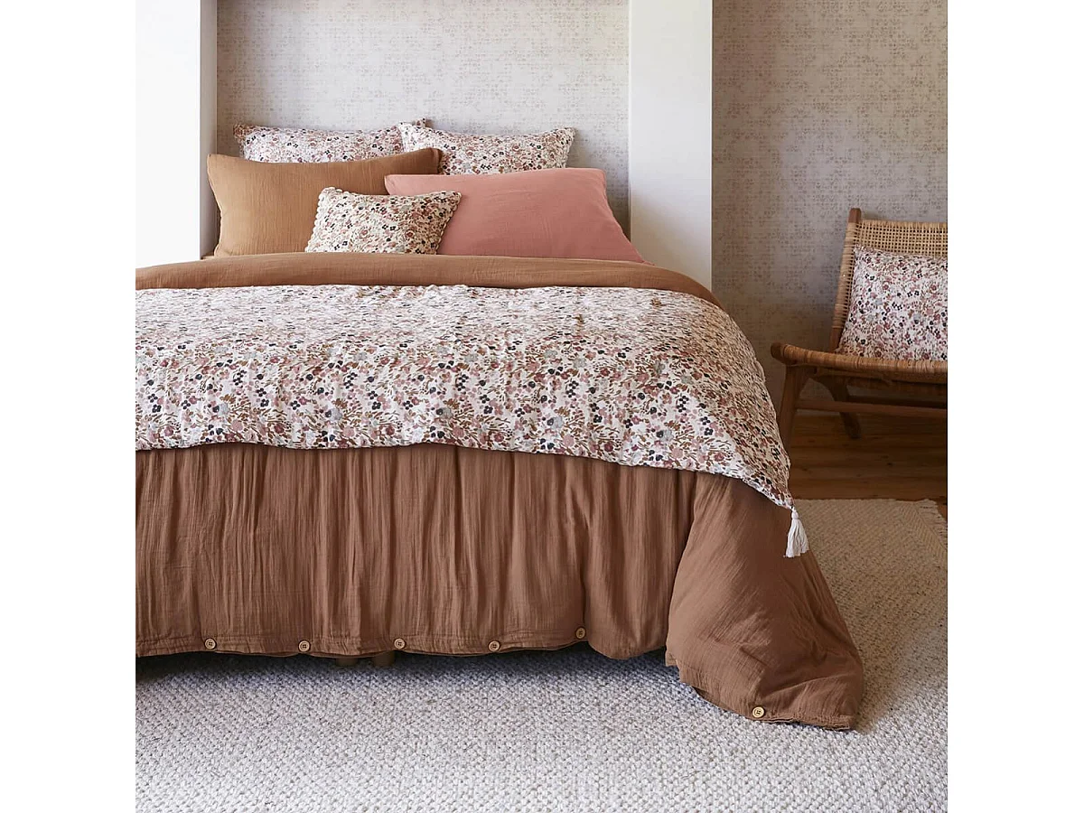 ADONIS - Chemin de Lit  90x200cm Gaze de Coton Blanc Imprimé Fleur Détail 4 Pompons