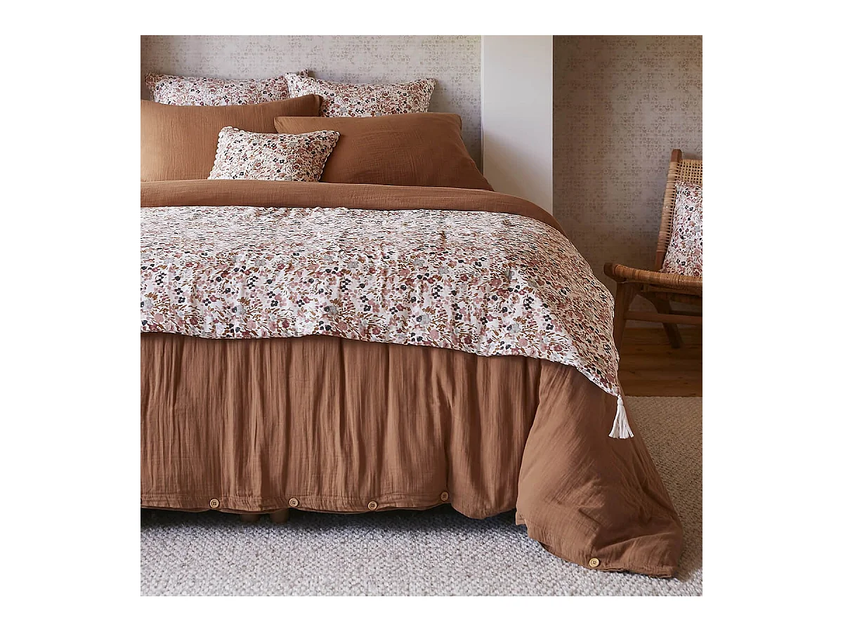 ADONIS - Chemin de Lit  90x200cm Gaze de Coton Blanc Imprimé Fleur Détail 4 Pompons