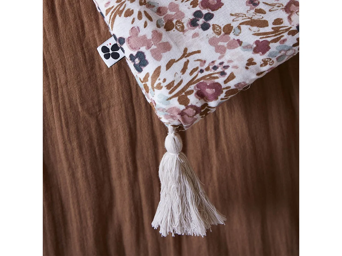 ADONIS - Chemin de Lit  90x200cm Gaze de Coton Blanc Imprimé Fleur Détail 4 Pompons