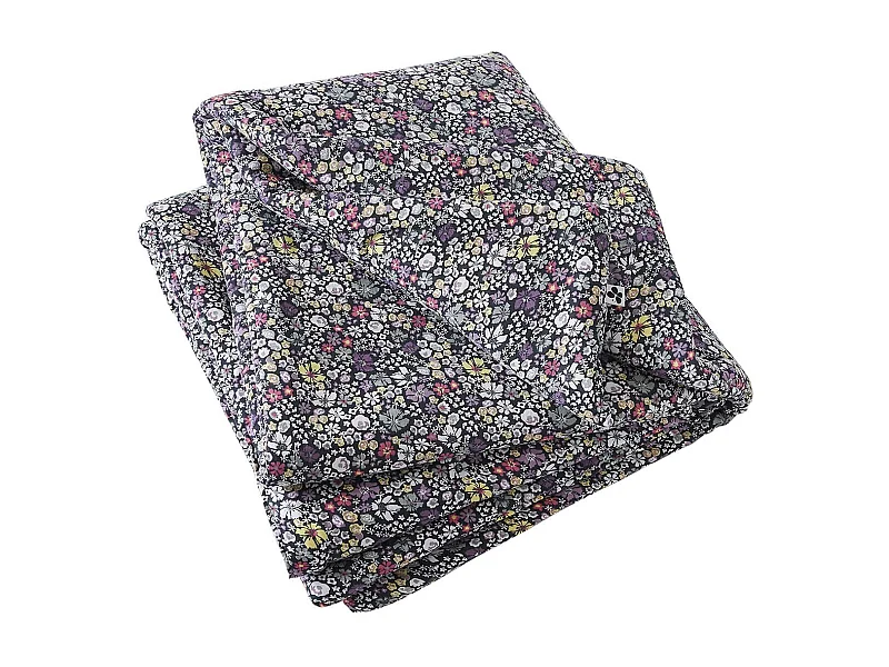 SOIZIC - Chemin de Lit  90x200cm Gaze de Coton Imprimé Bleu-Violet Imprimé Fleurs