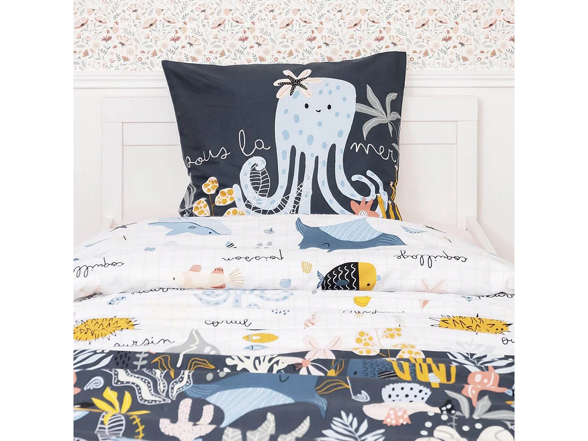 NEMO - Parure de Lit Imprimé Océan Housse de Couette 140x200cm + 1 Taie d'Oreiller