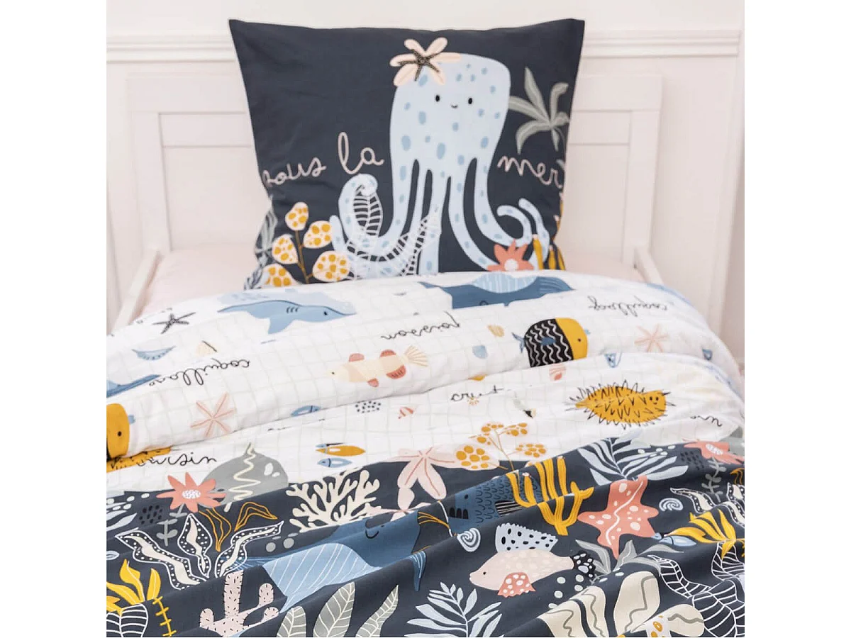 NEMO - Parure de Lit Imprimé Océan Housse de Couette 140x200cm + 1 Taie d'Oreiller