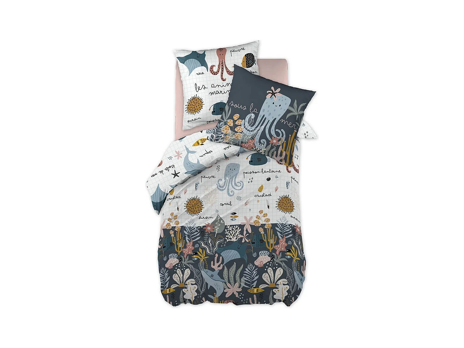 NEMO - Parure de Lit Imprimé Océan Housse de Couette 140x200cm + 1 Taie d'Oreiller