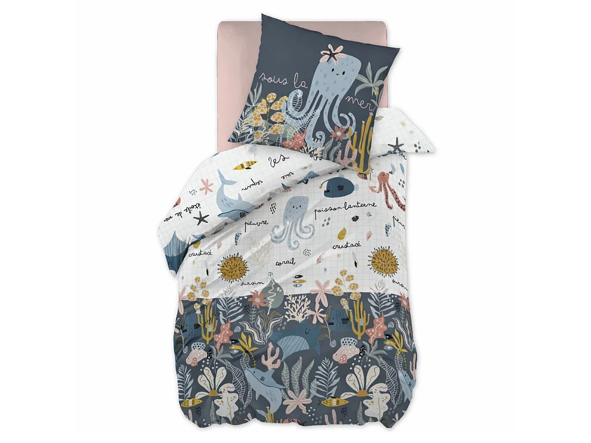 NEMO - Parure de Lit Imprimé Océan Housse de Couette 140x200cm + 1 Taie d'Oreiller