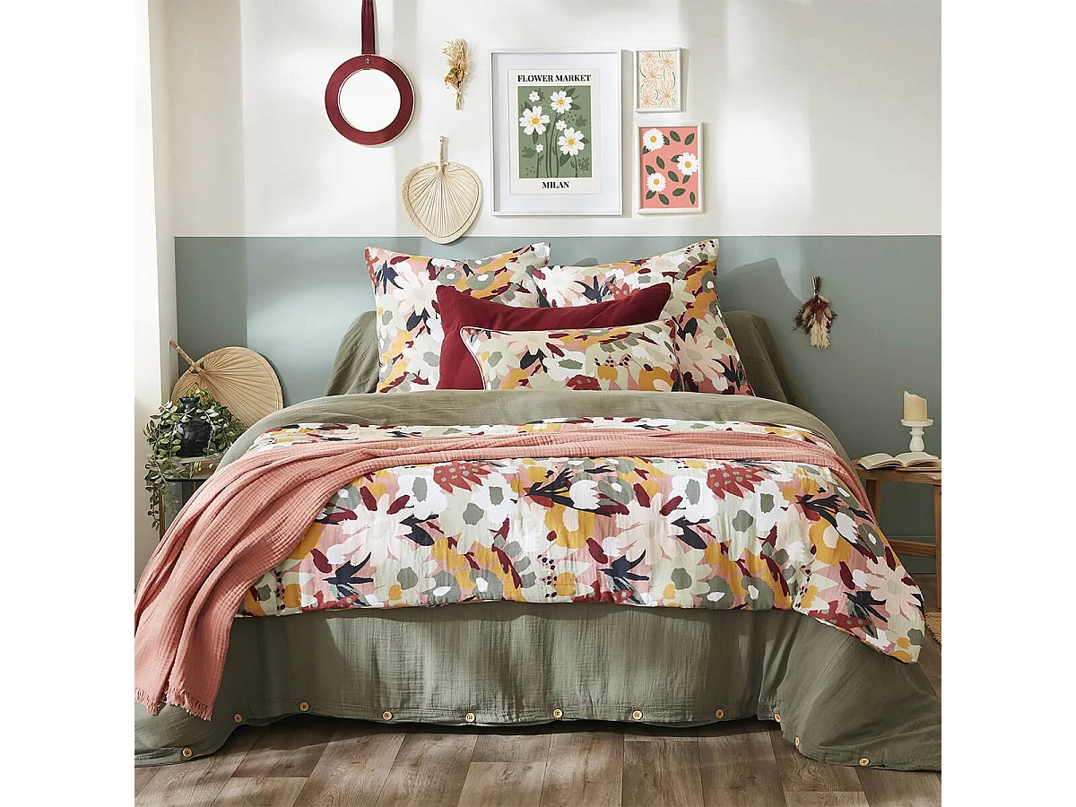 SARAH - Chemin de Lit  90x200cm Gaze de Coton Imprimé Rose Imprimé Floral