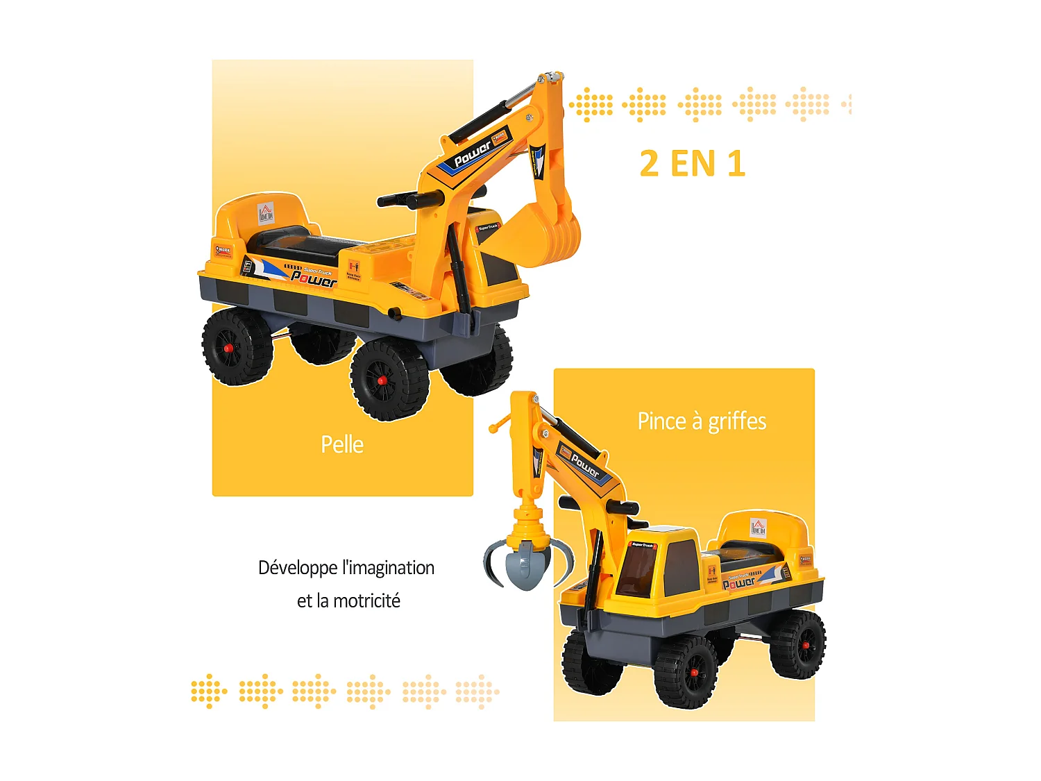 Porteur enfant tractopelle 2-3 ans pelleteuse articulée avec pince incluse effets sonores lumineux PP jaune