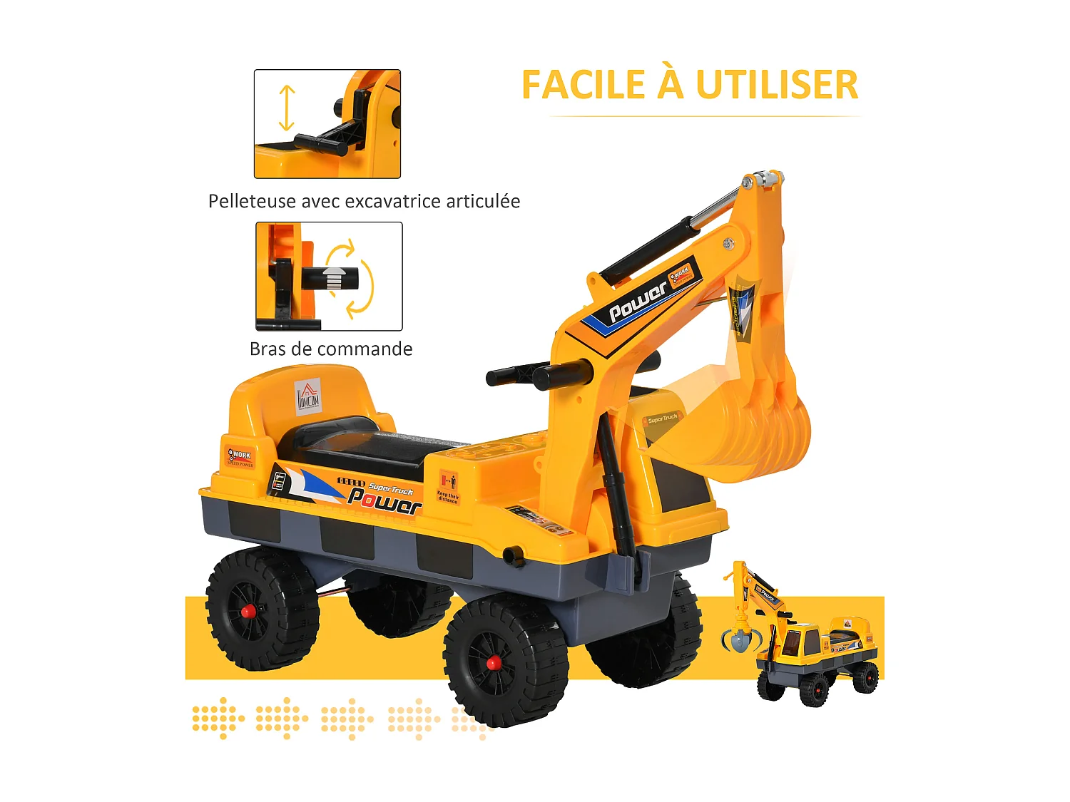 Porteur enfant tractopelle 2-3 ans pelleteuse articulée avec pince incluse effets sonores lumineux PP jaune