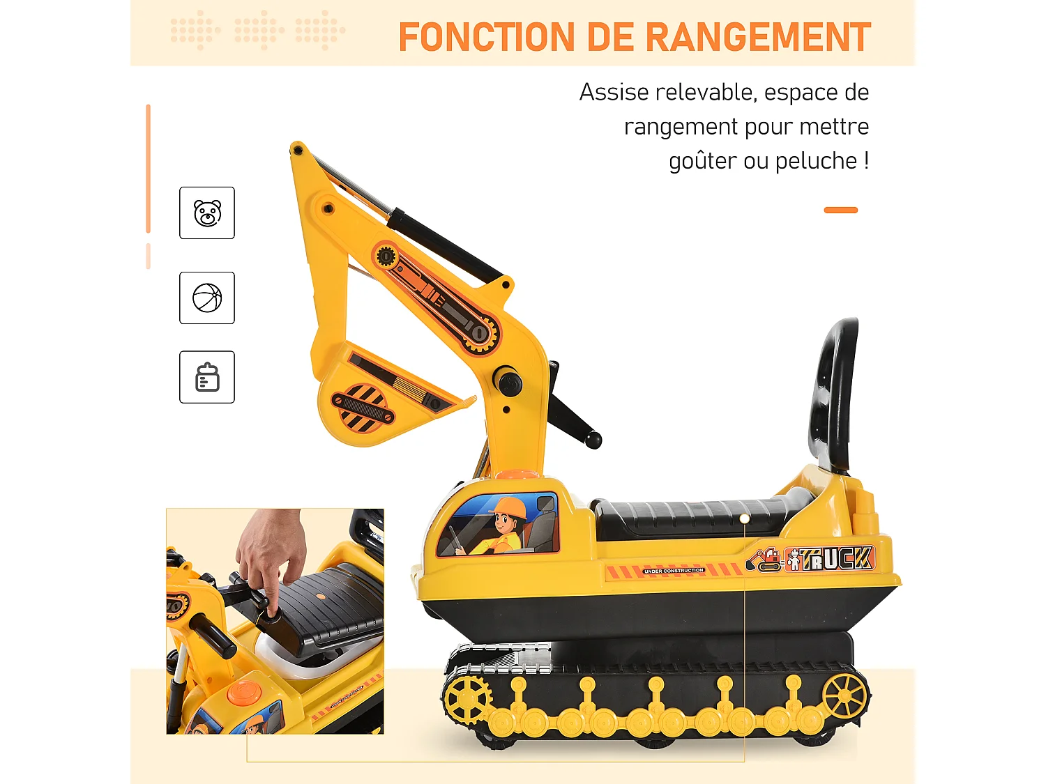 Porteur enfant tractopelle 12-36 mois coffre klaxon fonction pivotante jaune