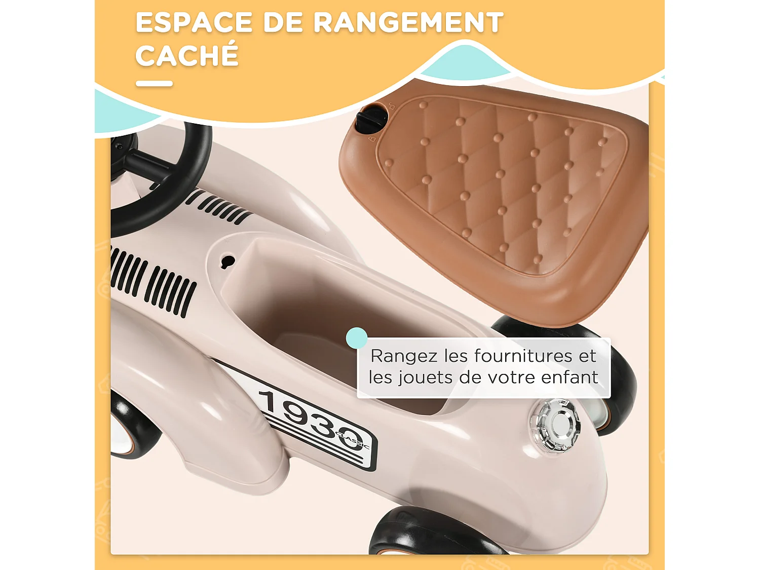 Porteur enfant voiture de collection rétro coffre butée arrière anti-basculement klaxon beige