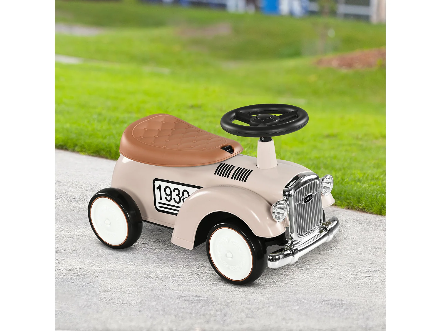 Porteur enfant voiture de collection rétro coffre butée arrière anti-basculement klaxon beige