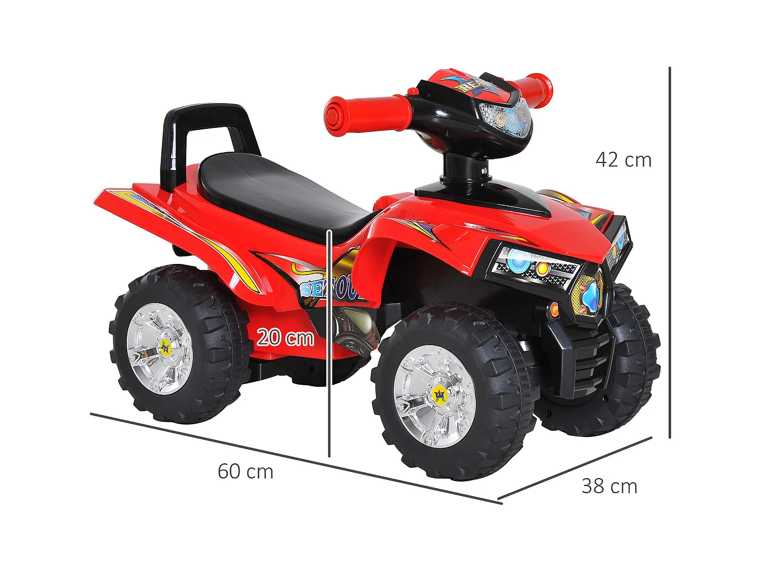 Porteur enfants quad 12-36 mois dim. 60L x 38l x 42H cm effets lumineux et sonores rouge noir