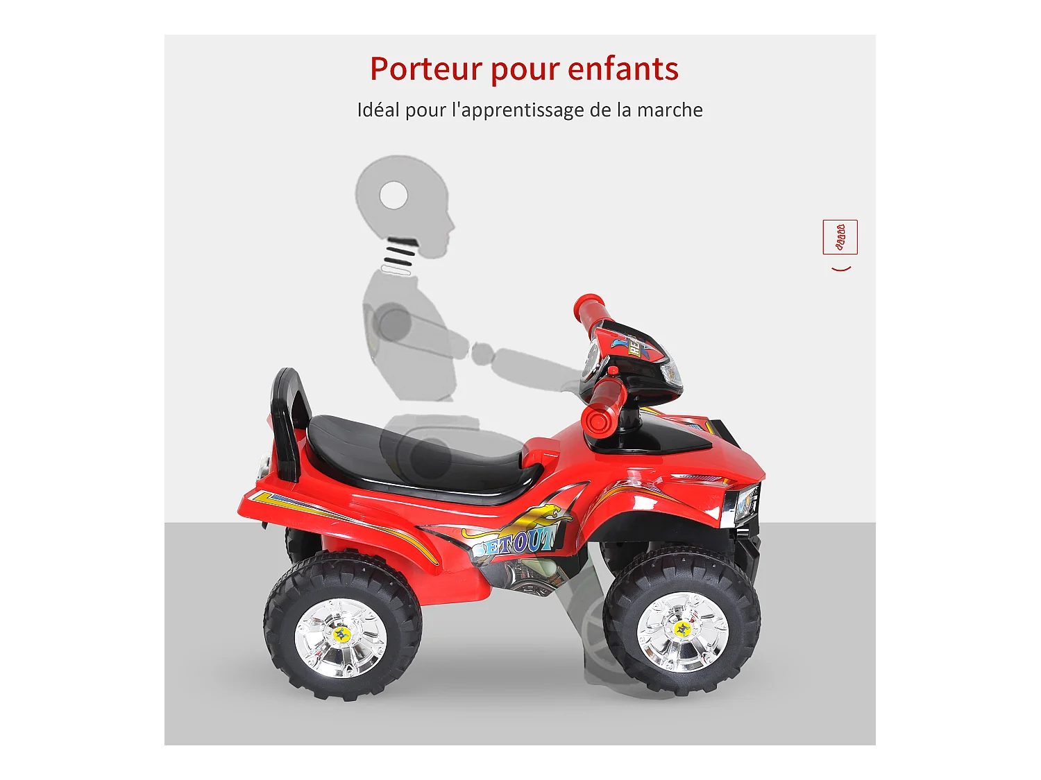 Porteur enfants quad 12-36 mois dim. 60L x 38l x 42H cm effets lumineux et sonores rouge noir