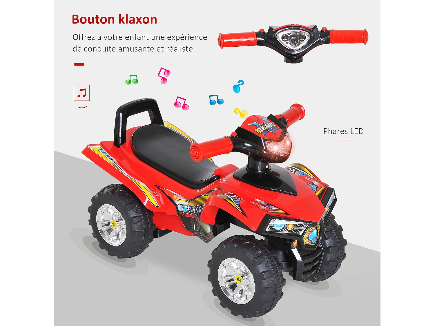 Porteur enfants quad 12-36 mois dim. 60L x 38l x 42H cm effets lumineux et sonores rouge noir