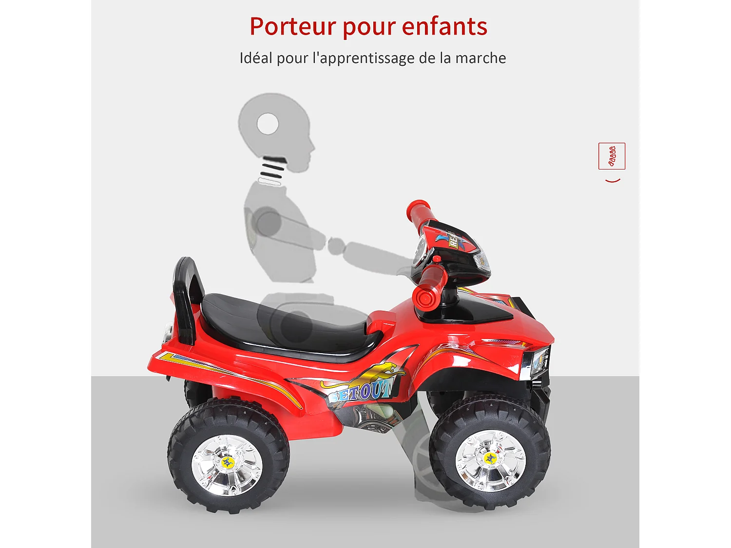 Porteur enfants quad 12-36 mois dim. 60L x 38l x 42H cm effets lumineux et sonores rouge noir