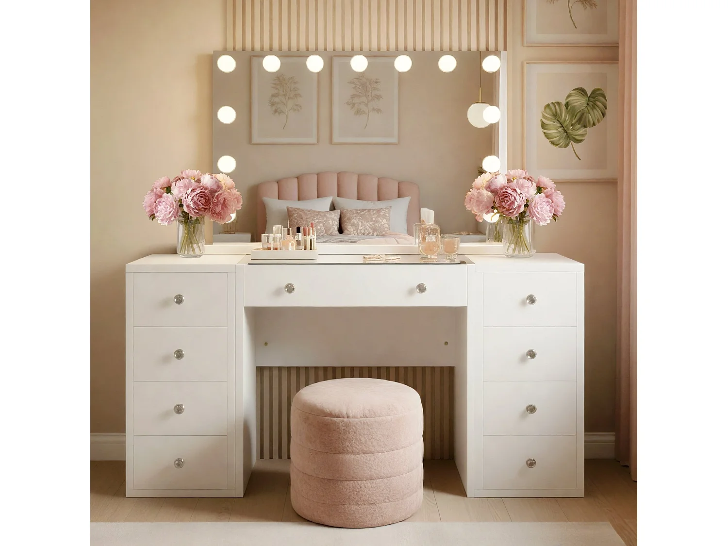 Coiffeuse - carré - Bois - 143 x 50 cm - Blanc - Tiline