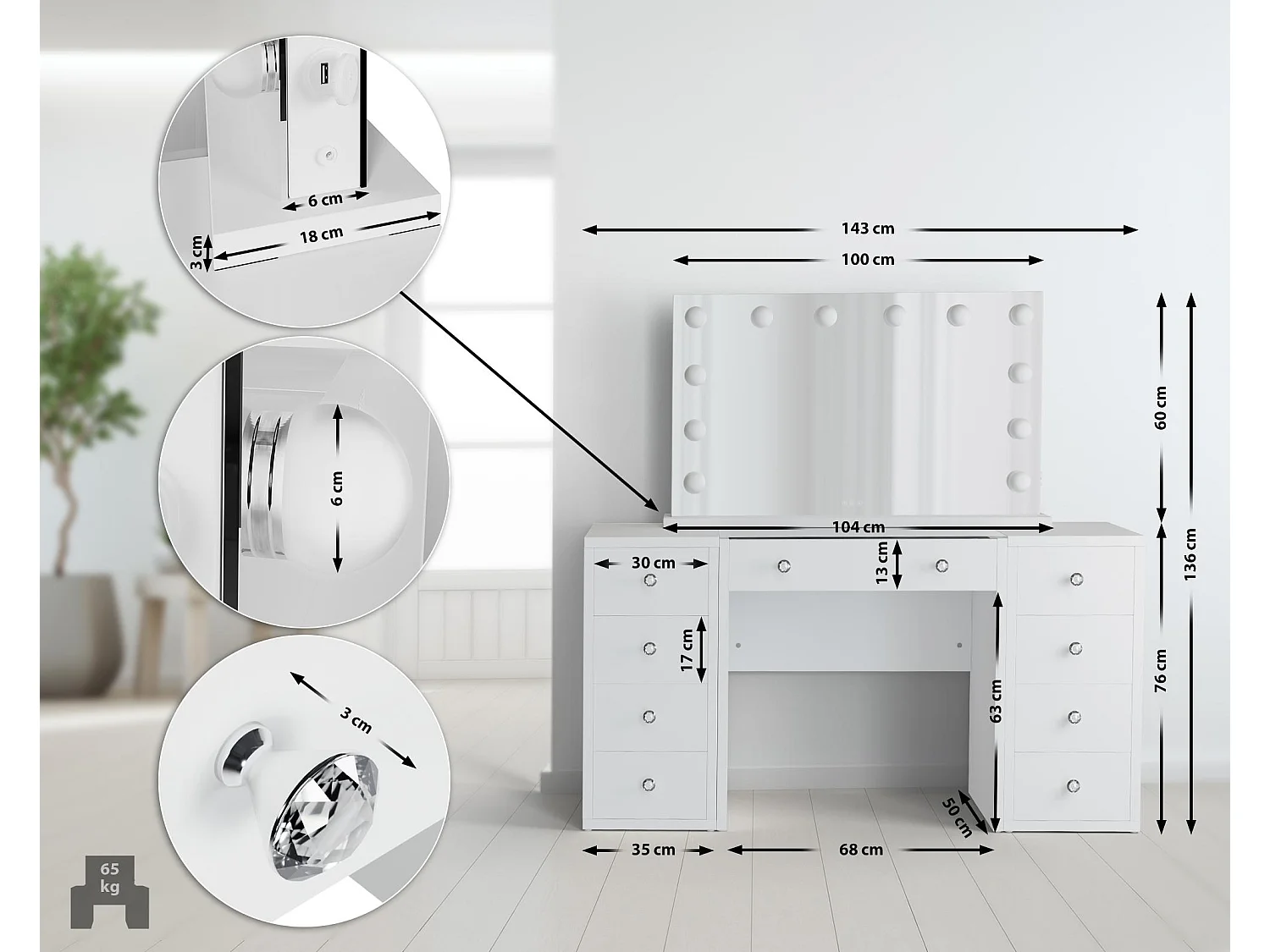 Coiffeuse - carré - Bois - 143 x 50 cm - Blanc - Tiline