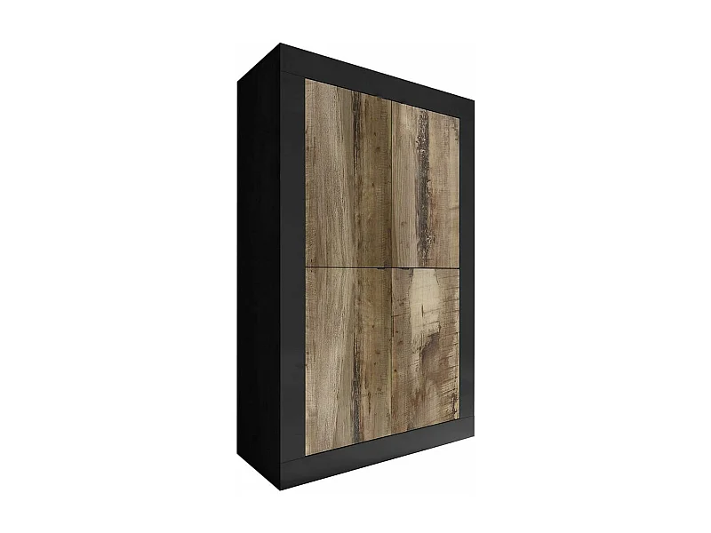 OTELLO - Rangement 4 Portes Finition Noir Mat et Aspect Bois Antik