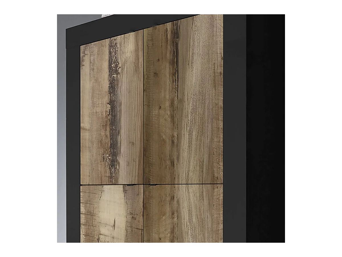 OTELLO - Rangement 4 Portes Finition Noir Mat et Aspect Bois Antik