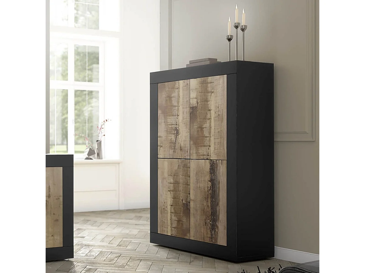 OTELLO - Rangement 4 Portes Finition Noir Mat et Aspect Bois Antik