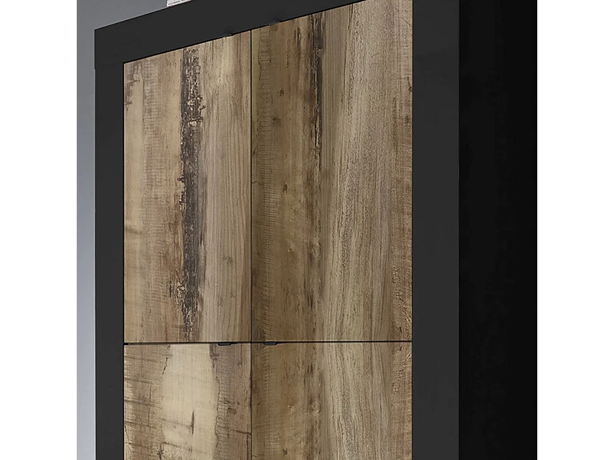OTELLO - Rangement 4 Portes Finition Noir Mat et Aspect Bois Antik