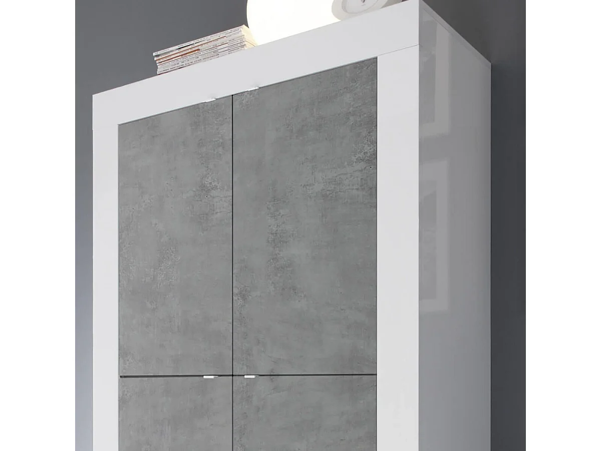 OTELLO - Rangement 4 Portes Finition Blanc Laqué et Aspect Béton