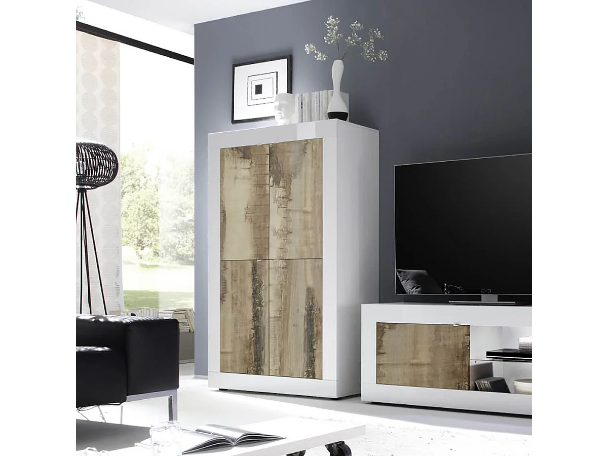 OTELLO - Rangement 4 Portes Finition Blanc Laqué et Aspect Bois Antik