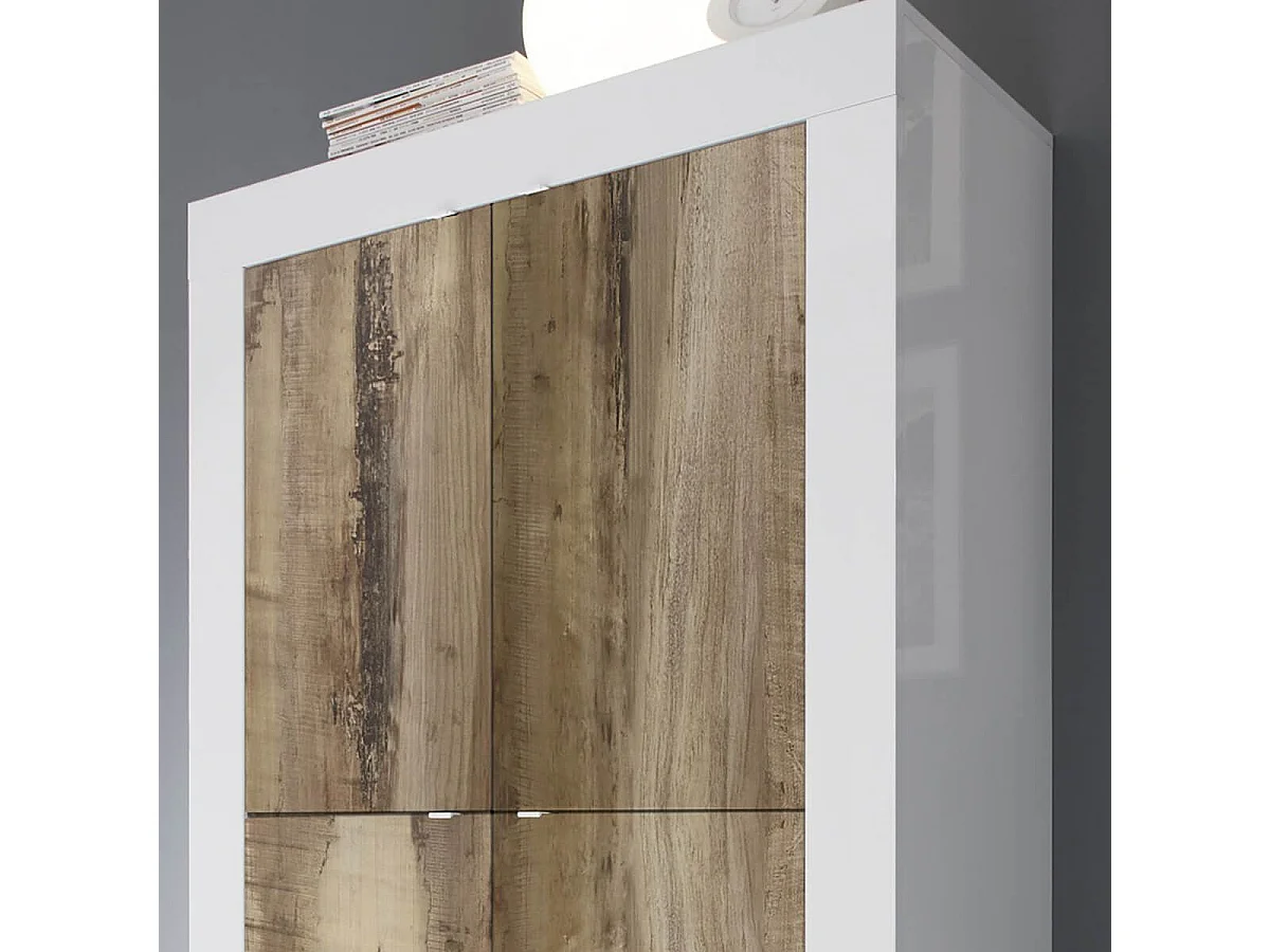 OTELLO - Rangement 4 Portes Finition Blanc Laqué et Aspect Bois Antik