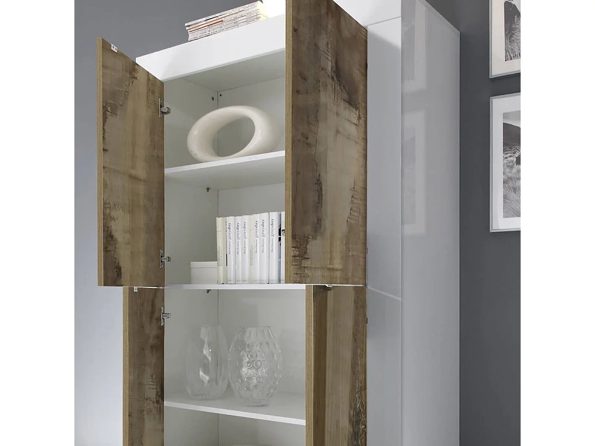 OTELLO - Rangement 4 Portes Finition Blanc Laqué et Aspect Bois Antik