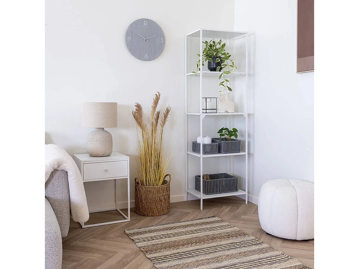 HARALD - Etagère 5 Plateaux Acier Blanc et Aspect Bois Blanc