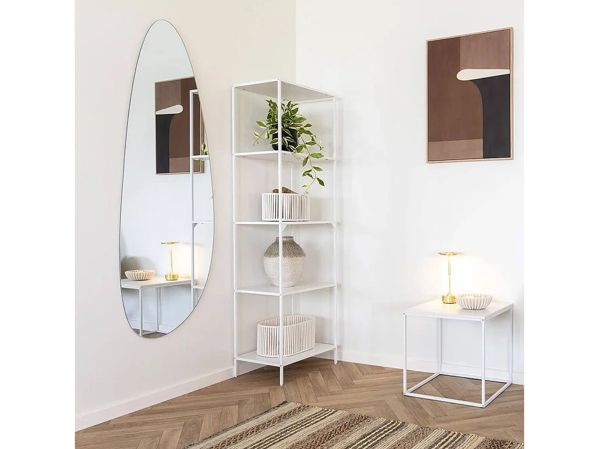 HARALD - Etagère 5 Plateaux Acier Blanc et Aspect Bois Blanc