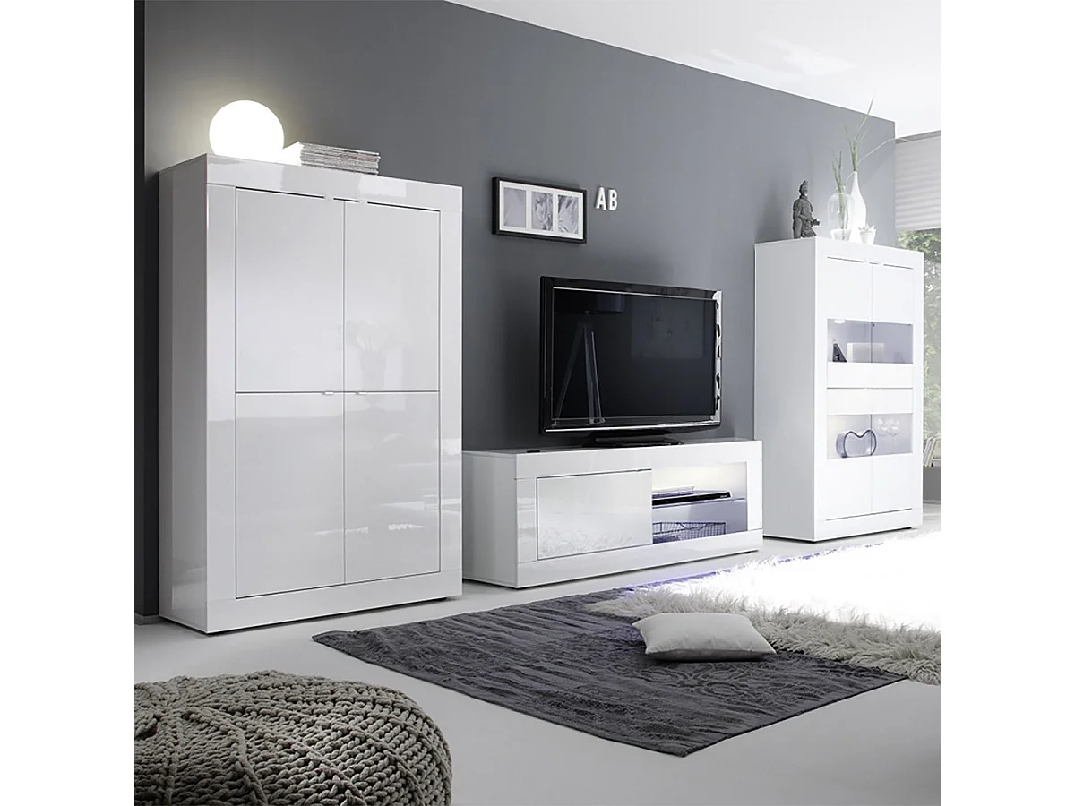 OTELLO - Ensemble Salon avec Vitrine 4 Portes Finition Blanc Laqué Weiss avec Leds