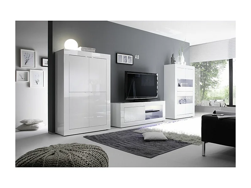 OTELLO - Ensemble Salon avec Vitrine 4 Portes Finition Blanc Laqué Weiss avec Leds