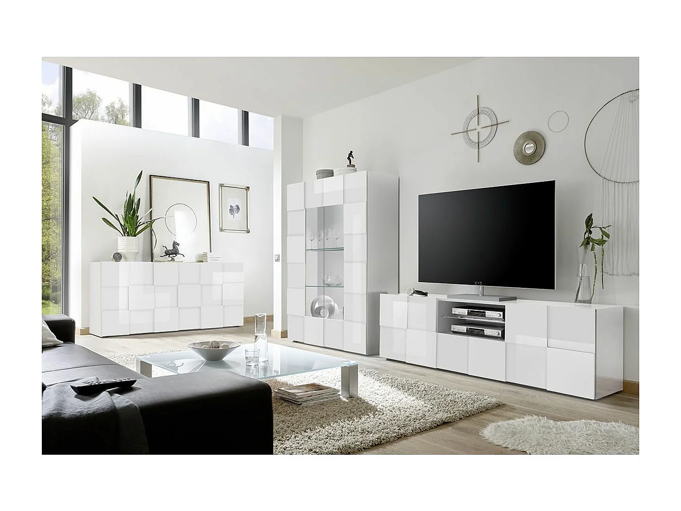 REBECCA - Ensemble Salon Meuble TV 181 cm Blanc Laqué Weiss Relief Damiers