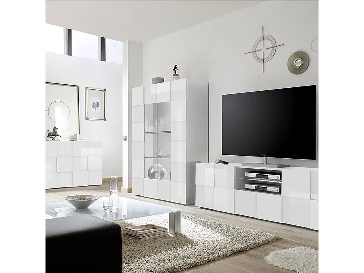REBECCA - Ensemble Salon Meuble TV 181 cm Blanc Laqué Weiss Relief Damiers