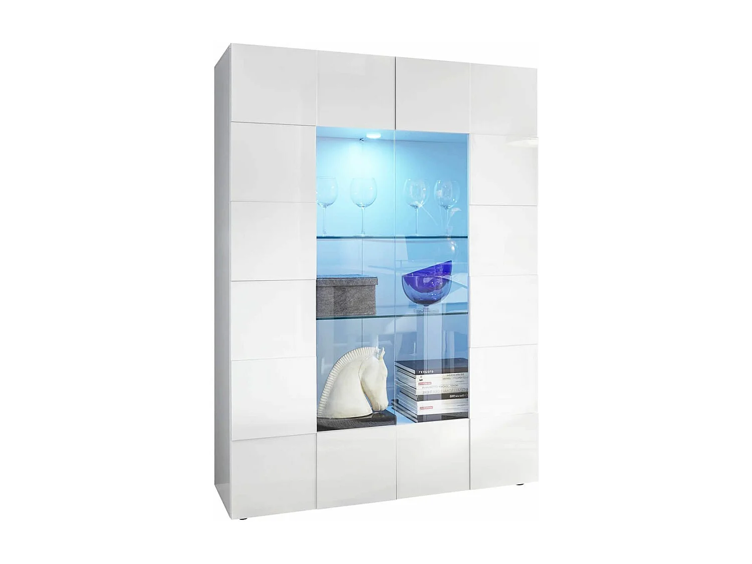REBECCA - Ensemble Salon Meuble TV 181 cm Blanc Laqué Weiss Relief Damiers
