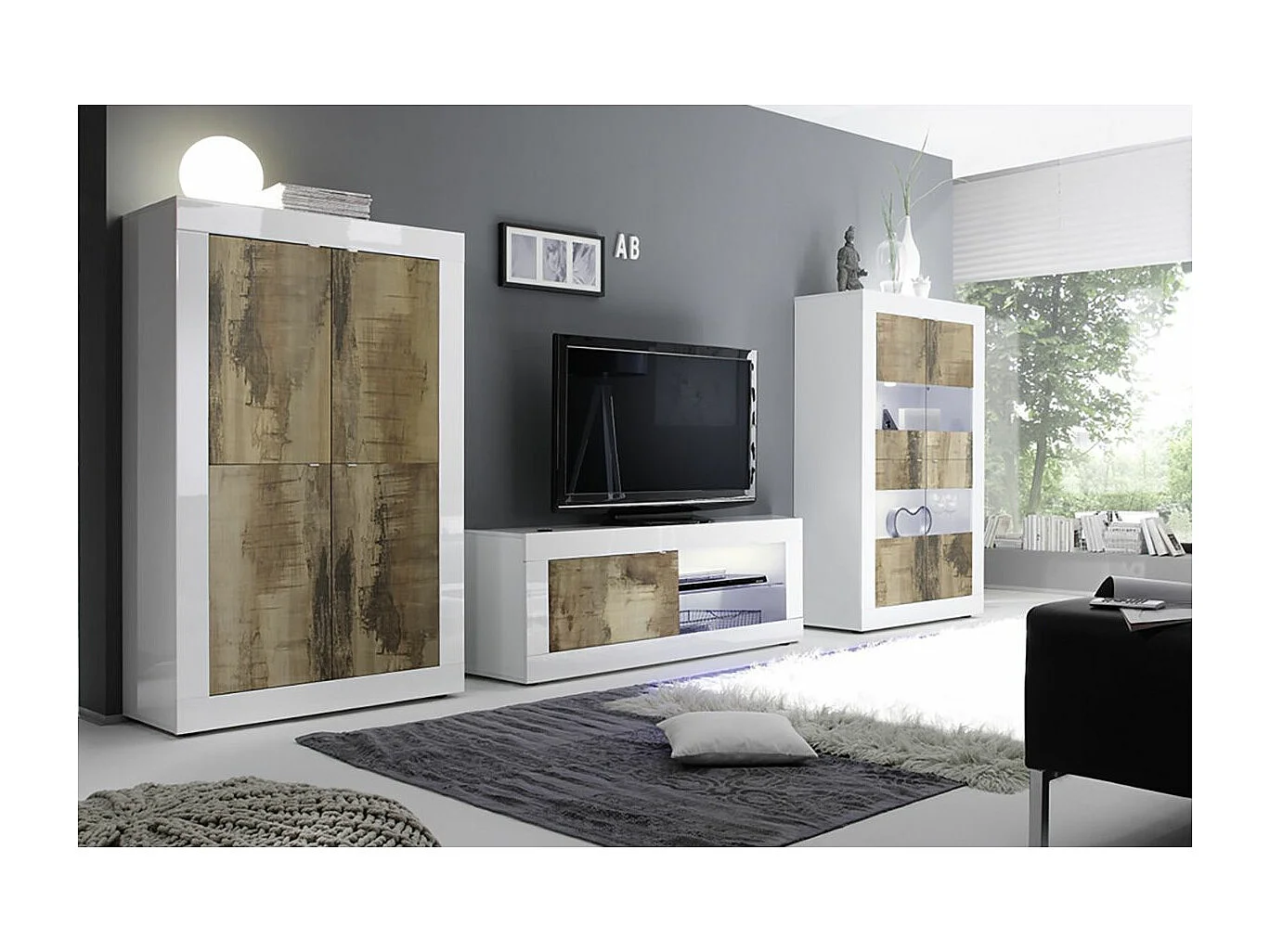 OTELLO - Ensemble Salon Finition Blanc Laqué et Aspect Bois Antik avec Leds