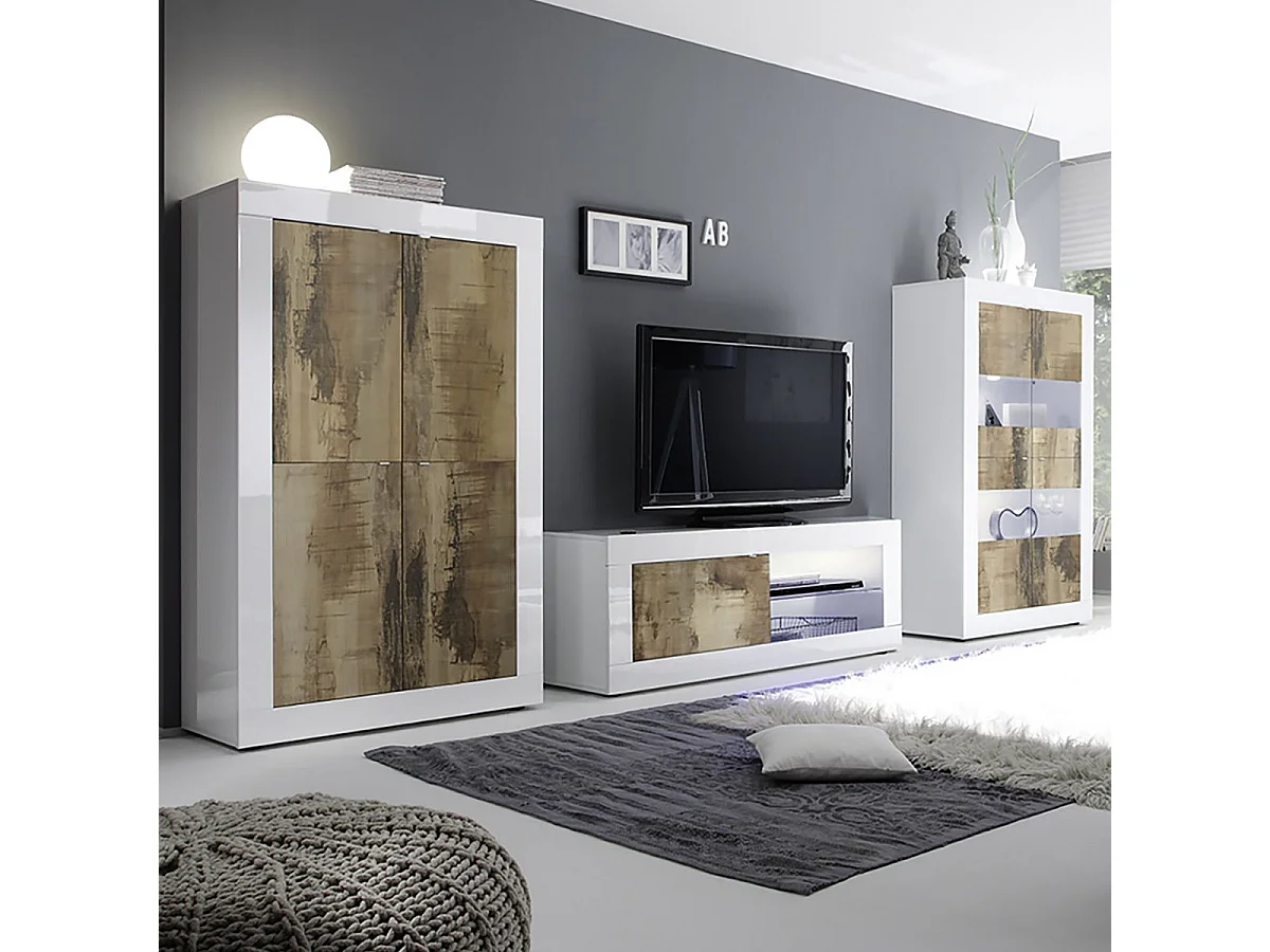 OTELLO - Ensemble Salon Finition Blanc Laqué et Aspect Bois Antik avec Leds