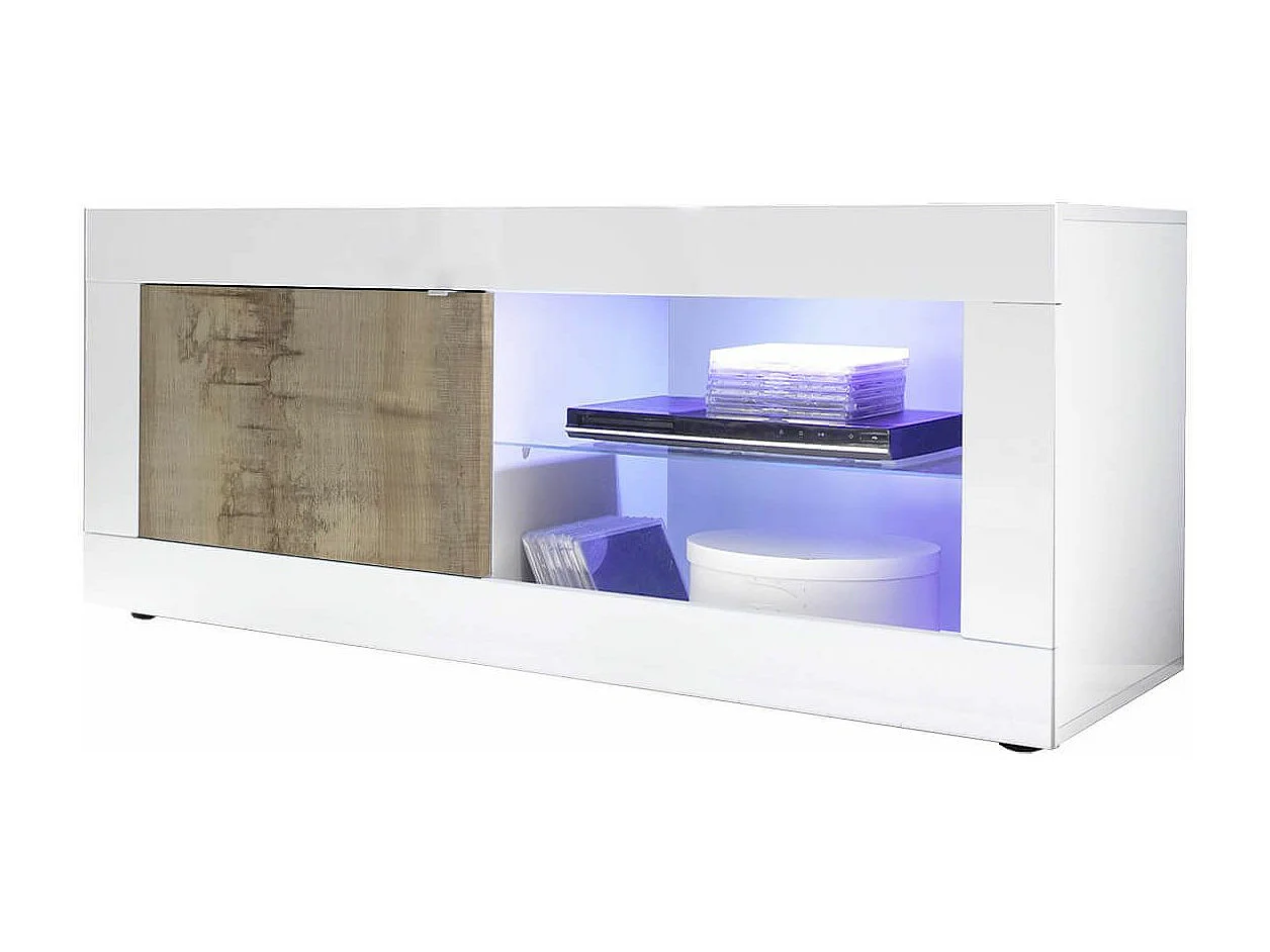 OTELLO - Ensemble Salon Finition Blanc Laqué et Aspect Bois Antik avec Leds