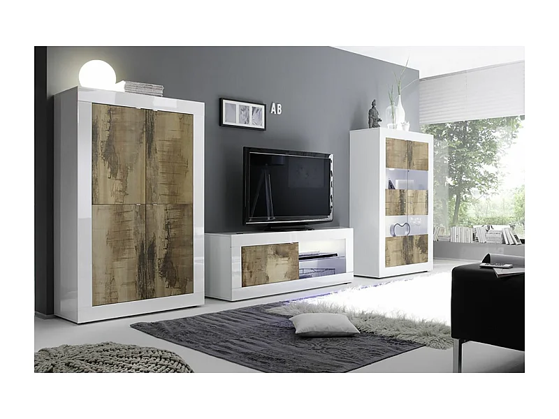 OTELLO - Ensemble Salon Finition Blanc Laqué et Aspect Bois Antik avec Leds