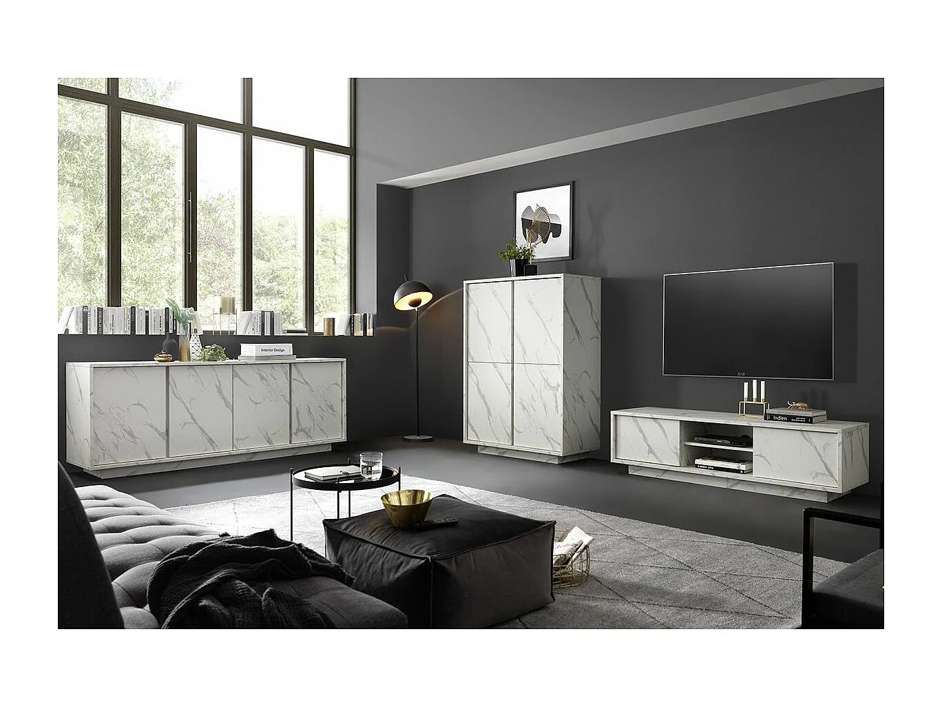 PIRALIA - Ensemble Salon Aspect Marbre Blanc